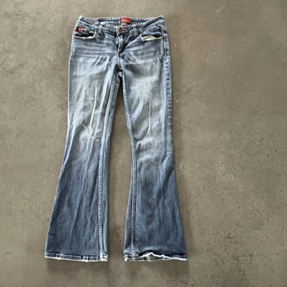 Vintage Tilt Y2K Flare Bootcut Low Rise Womens Jeans 7 Long Light Wash Denim